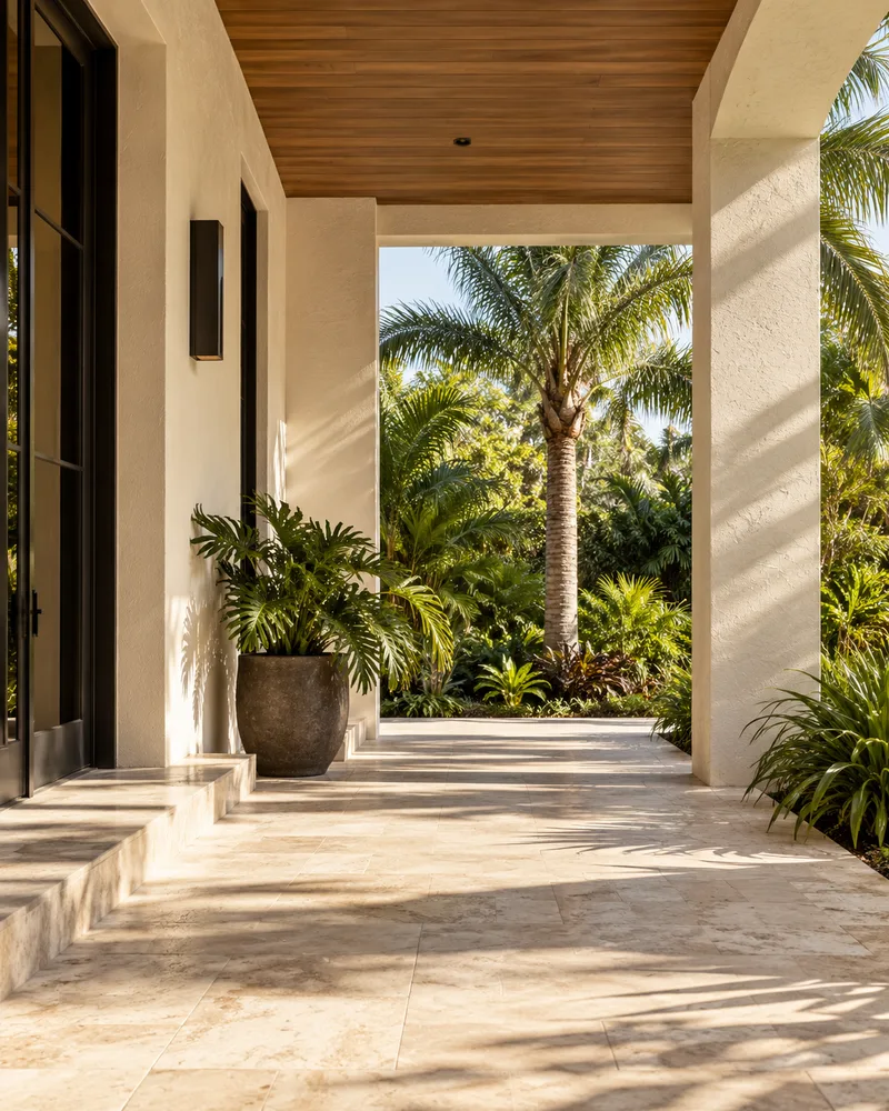 A sunlit porch with pale stucco walls, a timber ceiling and a garden beyond
